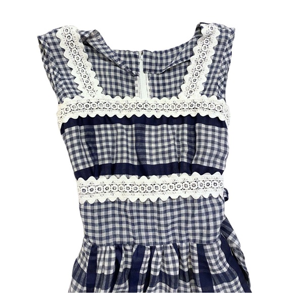 Vintage Gingham Prairie Blue White Maxi Dress Small Cottage Lace Boho Hippie - Picture 2 of 10